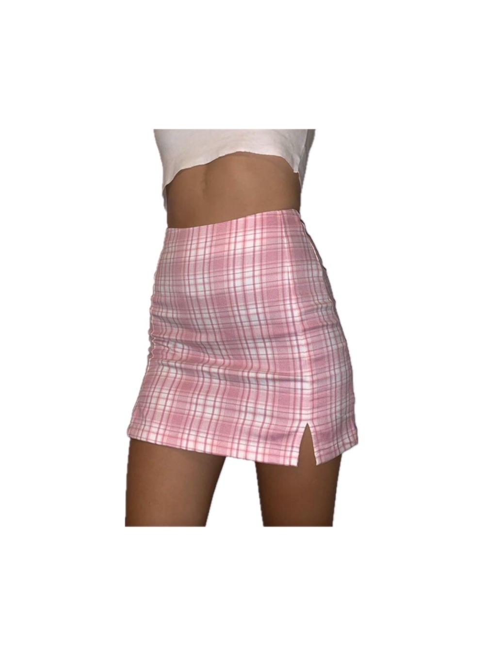 Brandy Melville Pink Plaid High Waisted Mini Skirt w/ Side Slits and Zipper Back